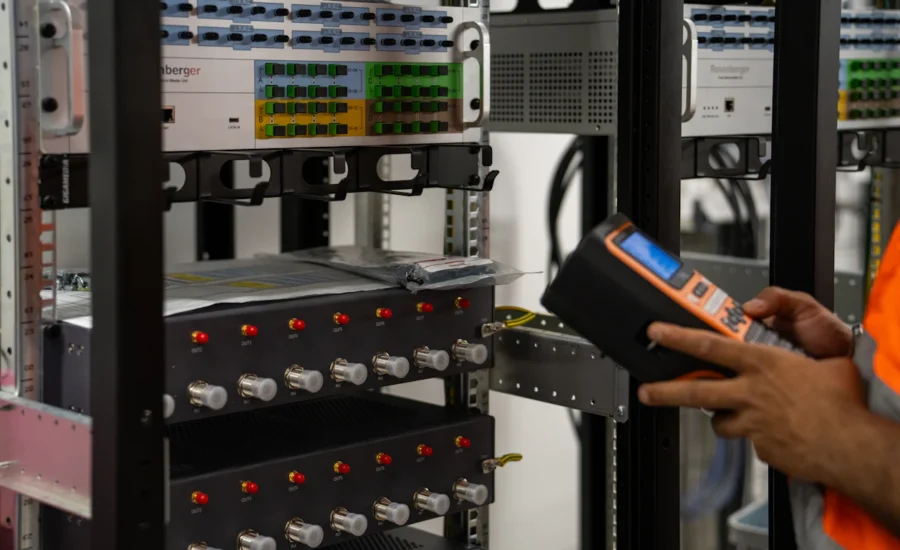 Technician in a high-visibility vest checking server rack equipment with a handheld diagnostic tool