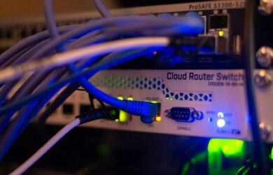 Network equipment with ethernet cables connected, the kind of hardware a firewall protects